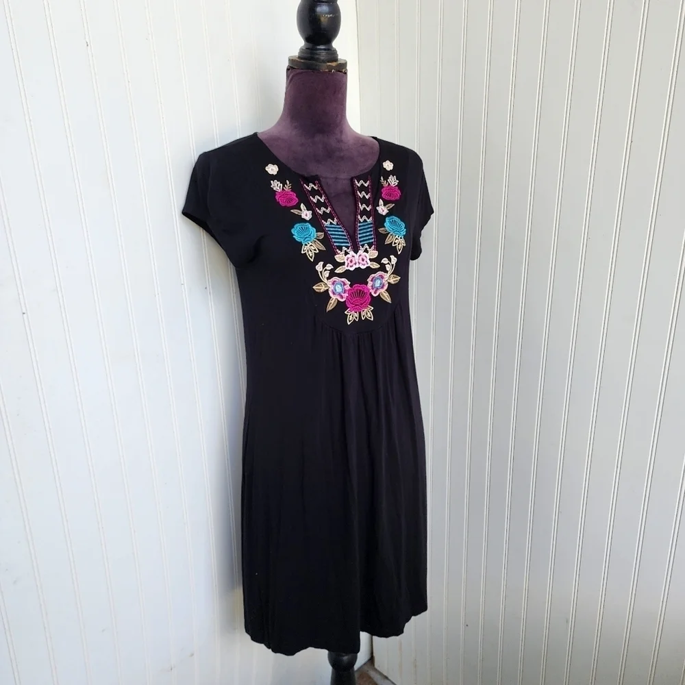 Design History Dress Womens Black Jersey Stretch Knit Floral Embroidered Sz S